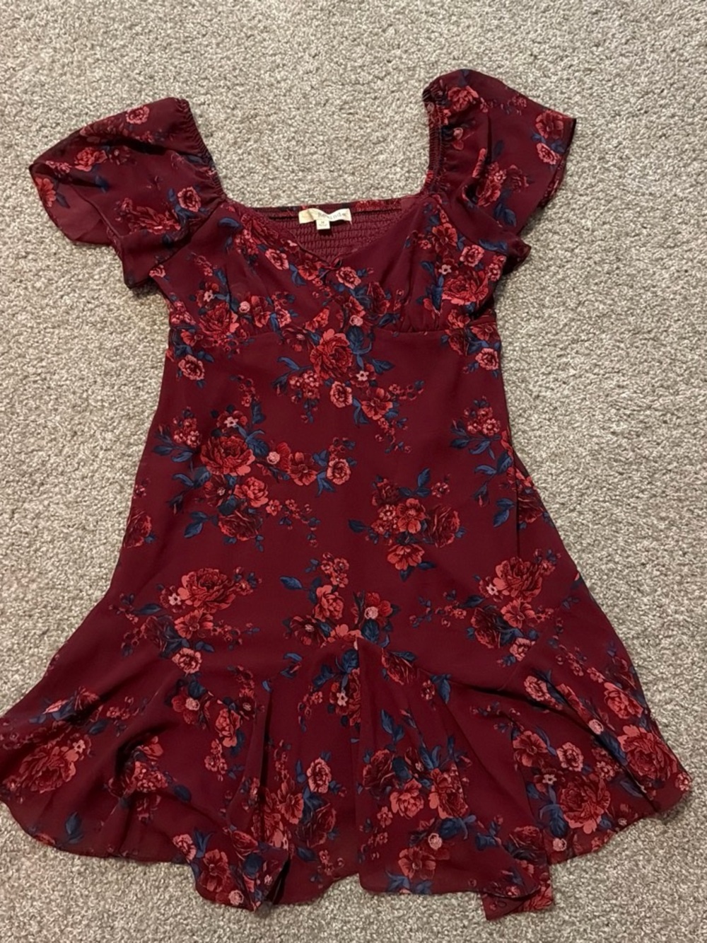 Rewind Burgundy Floral Ruffle-Hem Dress